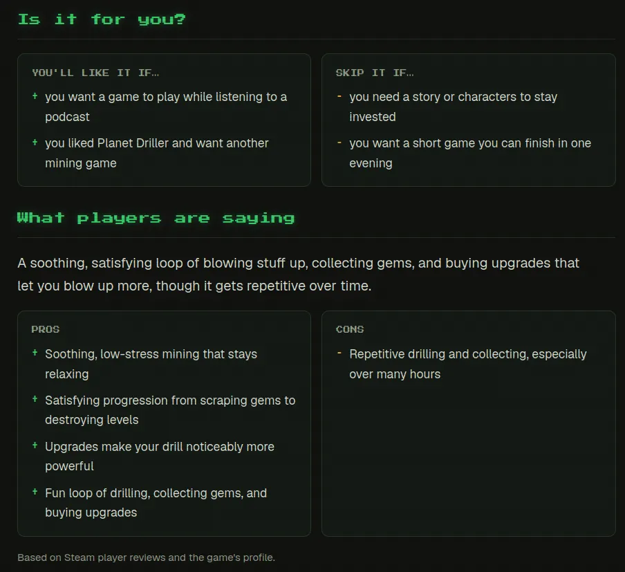 IndieDex game details page: an "Is it for you?" section with "You'll like it if" and "Skip it if" lists, and "What players are saying" with pros and cons based on Steam reviews